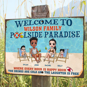 Personalized Pool Printed Metal Sign - Welcome To Poolside Paradise - Family Sitting Together - Metal Wall Art - GoDuckee