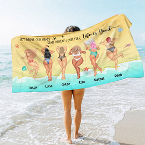 Sky Above Our Heads Sand Beneath Our Feet - Personalized Beach Towel - Gifts For Big Sister, Sistas, Girls Trip - Sunbathing Girls - Beach Towel - GoDuckee
