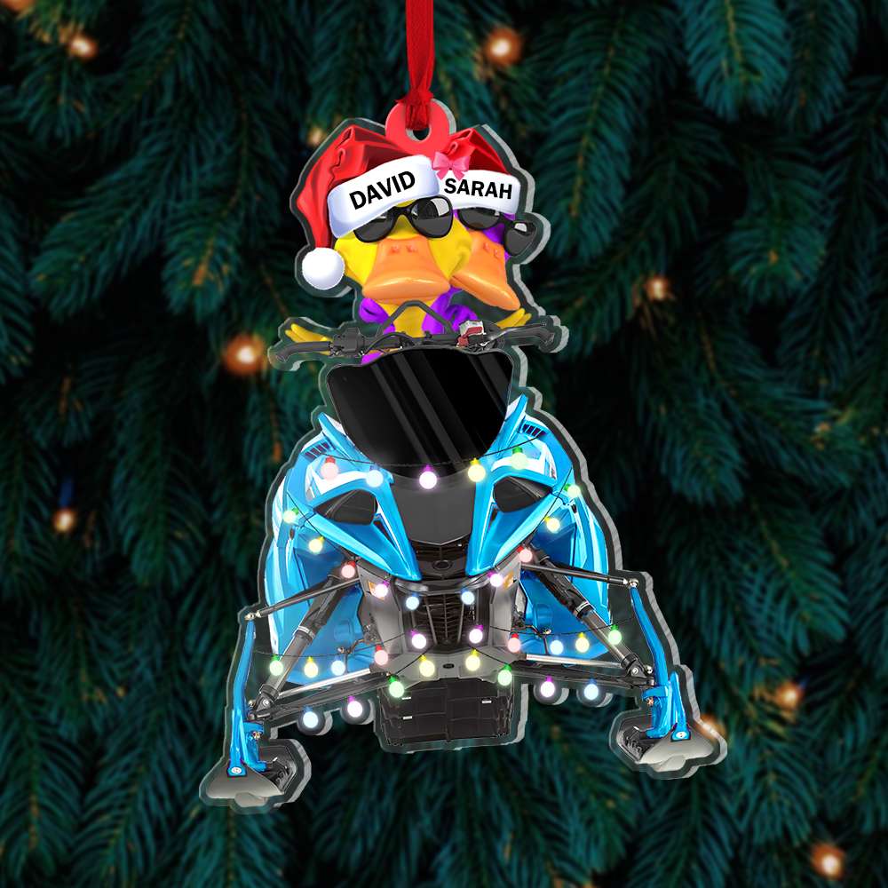Snowmobile Happy Ducks Sleighing Personalized Acrylic Custom Shape Ornament Christmas Tree Decor - Ornament - GoDuckee