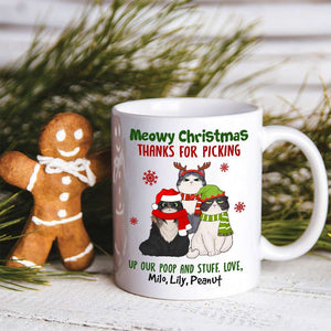 Meowy Christmas Thanks For Picking Up Our Stuff, Personalized Cat Christmas Mug, Christmas Gift - Coffee Mug - GoDuckee