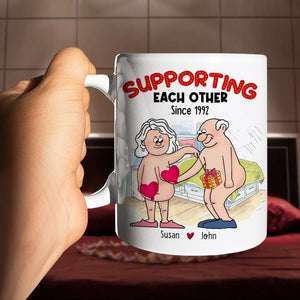 Supporting Each Other, Old Funny Couple Valentine White Mug - Coffee Mug - GoDuckee