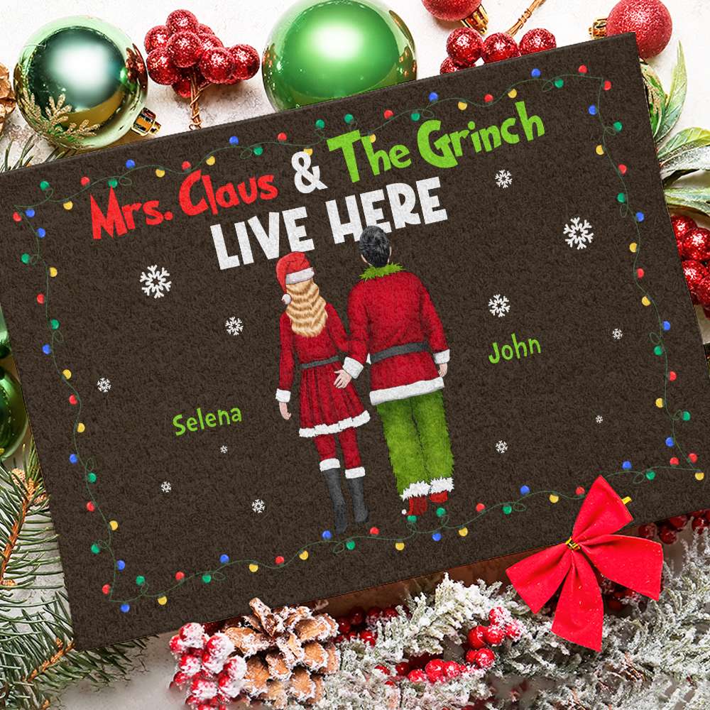 Green Couple Christmas Live Here, Christmas Doormat Gift For Couple - Doormat - GoDuckee
