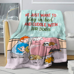 Personalized Cartoon Sleeping Couple & Dog Breeds Blanket - We Just Want To Stay In Bed And Cuddle With Our Dogs - Blanket - GoDuckee