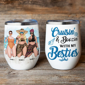 Personalized Bikini Girls Trip Wine Tumbler - Cruisin' & Boozin' With My Besties - Leopard Pattern - Wine Tumbler - GoDuckee