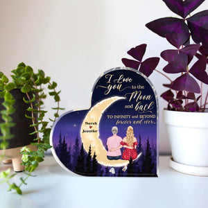 I Love You To The Moon And Back, Gift For Mom, Personalized Acrylic Heart Shaped Plaque, Mother And Daughter Sitting Acrylic Plaque, Mother's Day Gift - Decorative Plaques - GoDuckee
