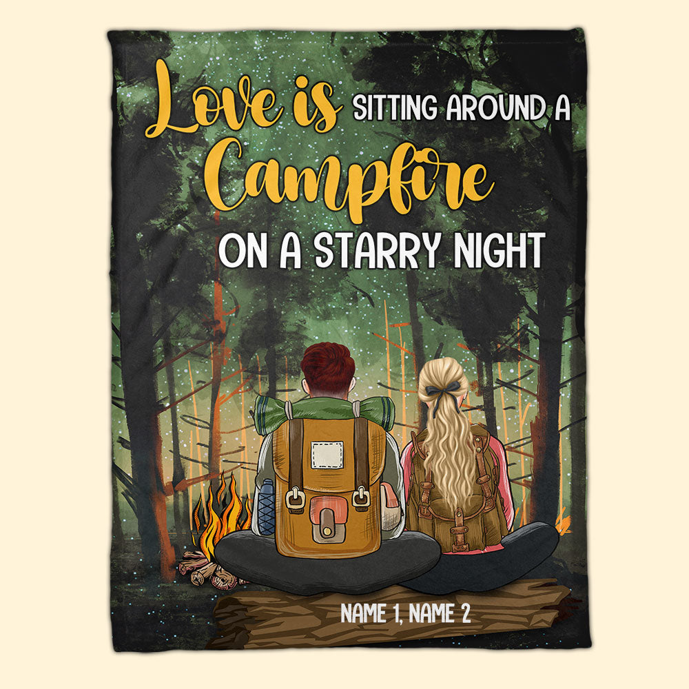 Personalized Camping & Hiking Couple Blanket - Love Is Sitting Around A Campfire On A Starry Night - Blanket - GoDuckee