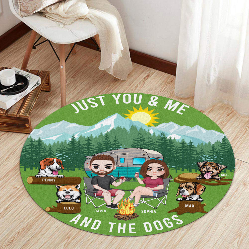 You And Me And The Dogs, Personalized Round Rug, Relaxing Camping Couple, Gift For Camping Buddies - Doormat - GoDuckee