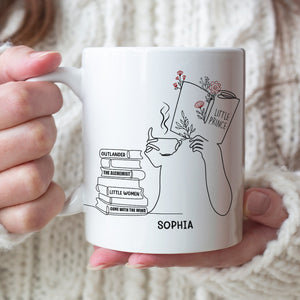 Girl Reading & Drink Coffee Line Art - Custom Book Title Mug - Gift For Book Lovers - Coffee Mug - GoDuckee