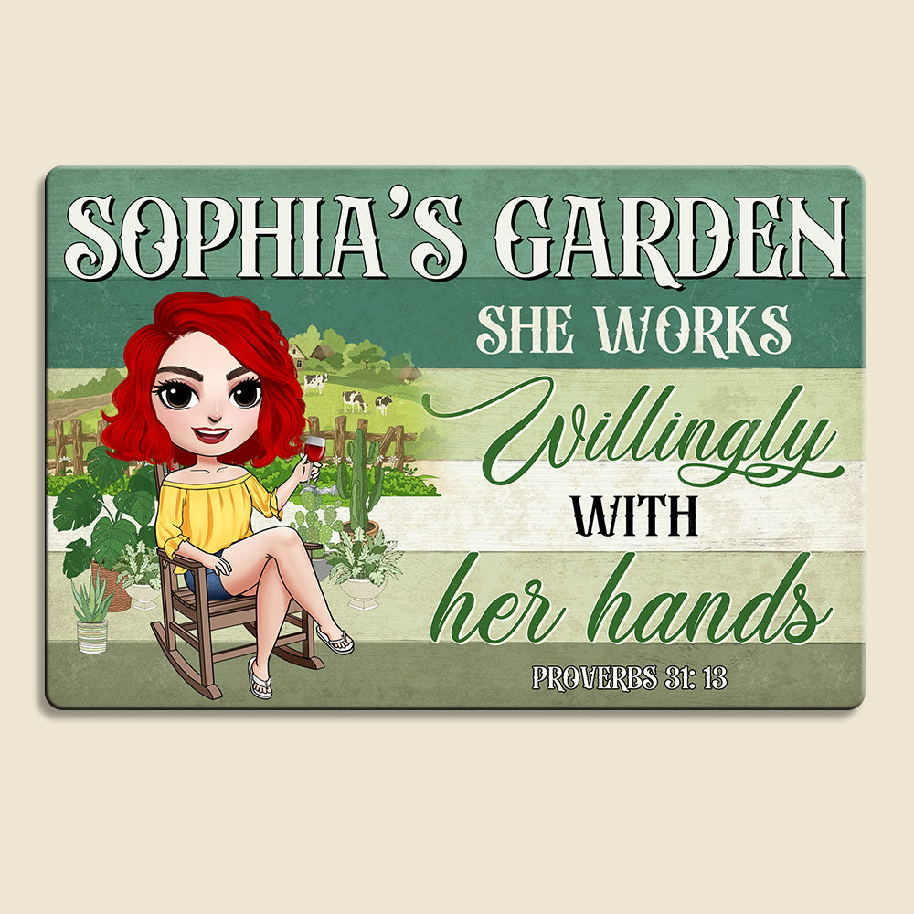She Works Willingly With Her Hands, Gift For Farmer Girl Personalized Farmer Metal Sign - Metal Wall Art - GoDuckee