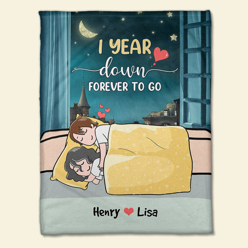 Personalized Cartoon Sleeping Couple Blanket - 1 Year Down Forever To Go - Blanket - GoDuckee