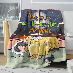 Personalized Cartoon Sleeping Couple & Cat Breeds Blanket - This Is Us Our Life Our Story Our Home - Blanket - GoDuckee