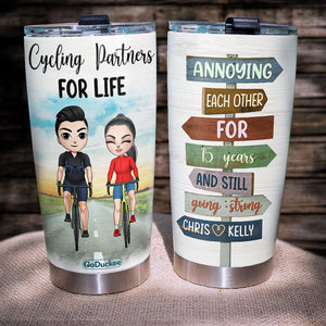 Personalized Cycling Couple Tumbler - Cycling Partners For Life - Tumbler Cup - GoDuckee