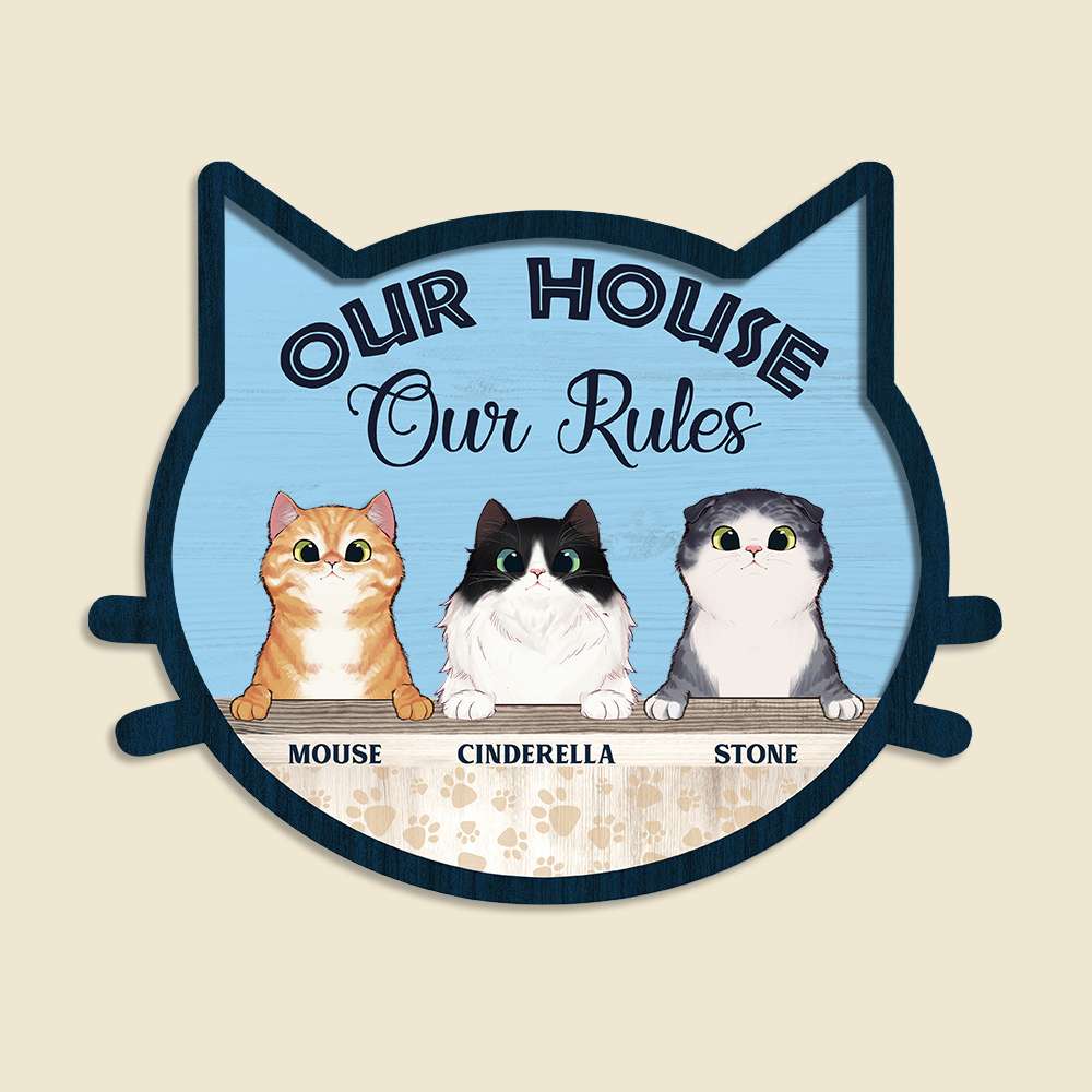 Our Home Our Rules Personalized Cat Layered Wood Sign Stand Gift For Cat Lovers - Wood Sign - GoDuckee