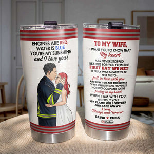 Personalized Firefighter Couple Tumbler - To My Wife You're My Sunshine - Couple Hugging And Kissing Side View - Tumbler Cup - GoDuckee