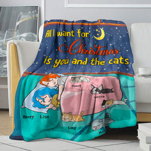 Personalized Cartoon Sleeping Couple & Cat Breeds Blanket - All I Want For Christmas Is You And The Cats - Blanket - GoDuckee