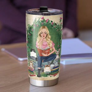 Personalized Reading Girl Tumbler - Girl Reading with Her Cats - Tumbler Cup - GoDuckee