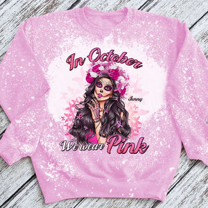 Breast Cancer Awareness In October We Wear Pink, Personalized Bleached Long Sleeve T-shirt - Shirts - GoDuckee