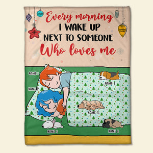 Personalized Cartoon Sleeping Couple & Dog Breeds Blanket - Every Morning I Wake Up Next To Someone - Blanket - GoDuckee