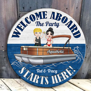 Personalized Pontoon Couple - Welcome Aboard Round Wooden Sign Fol7-Vd3 - Wood Sign - GoDuckee