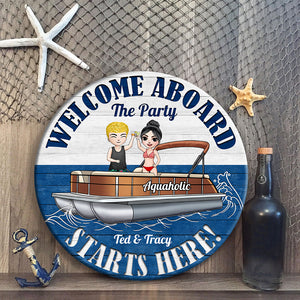 Personalized Pontoon Couple - Welcome Aboard Round Wooden Sign Fol7-Vd3 - Wood Sign - GoDuckee