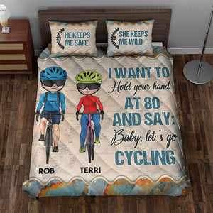 Personalized Cycling Quilt Bed Set - I Want To Hold You Hand At 80 - Cycling Couple - Blanket - GoDuckee