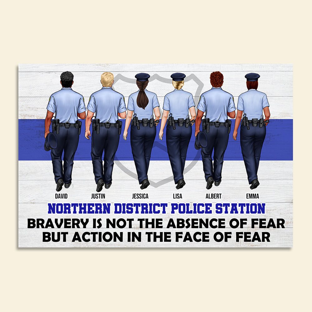 Personalized Teammate Police Officer Poster - Bravery Is Not The Absence Of Fear - Thin Blue Line Background - Poster & Canvas - GoDuckee