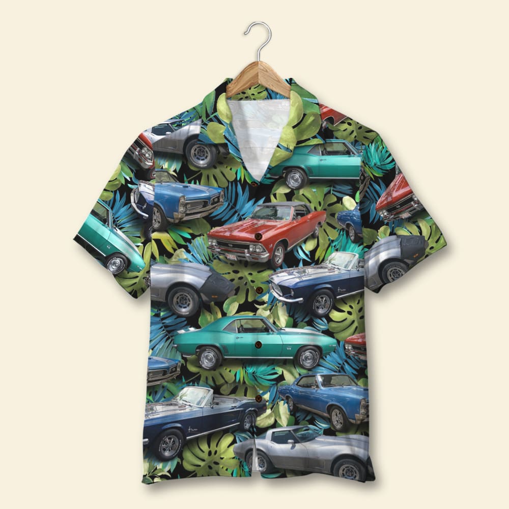 Custom Classic Car Photo Hawaiian Shirt, Tropical Tree Pattern, Summer Gift (Car0107) - Hawaiian Shirts - GoDuckee