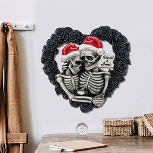 Personalized Skeleton Couple Wood Sign, Black Rose Heart Shape - Wood Sign - GoDuckee