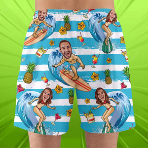 Custom Surfing Couple Hawaiian Shirt and Men Beach Shorts - Laughing Couple - Hawaiian Shirts - GoDuckee