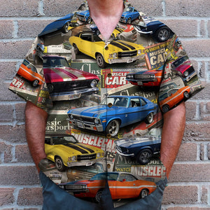 Custom Muscle Car Photo Shirt, Magazine Pattern, Gift For Car Lovers - Hawaiian Shirts - GoDuckee