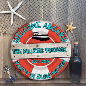 Pontoon Welcome Aboard - Personalized Round Wooden Sign - Wood Sign - GoDuckee