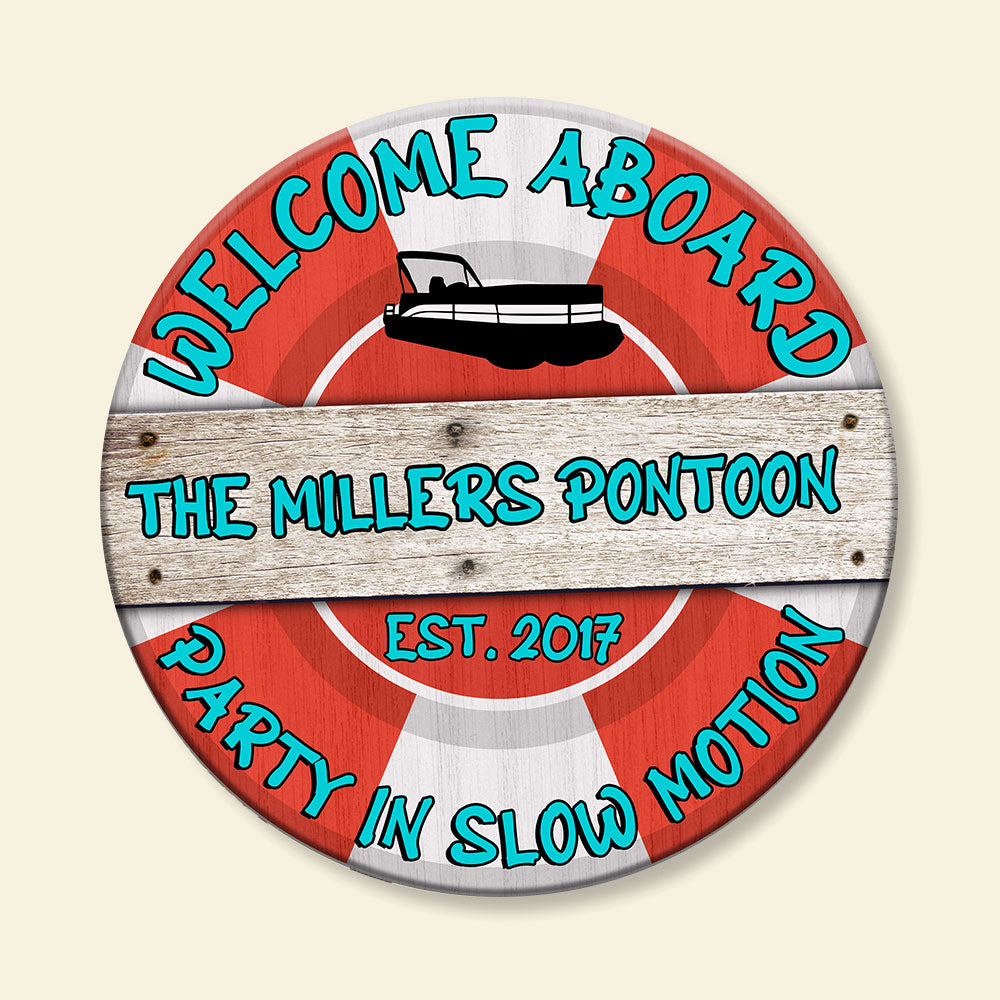 Pontoon Welcome Aboard - Personalized Round Wooden Sign - Wood Sign - GoDuckee