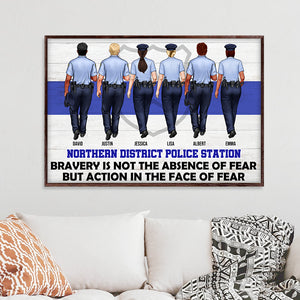 Personalized Teammate Police Officer Poster - Bravery Is Not The Absence Of Fear - Thin Blue Line Background - Poster & Canvas - GoDuckee