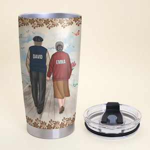 Personalized Old Couple Tumbler - You Still Give Me Butterflies - Old Couple Hand In Hand Back View - Tumbler Cup - GoDuckee