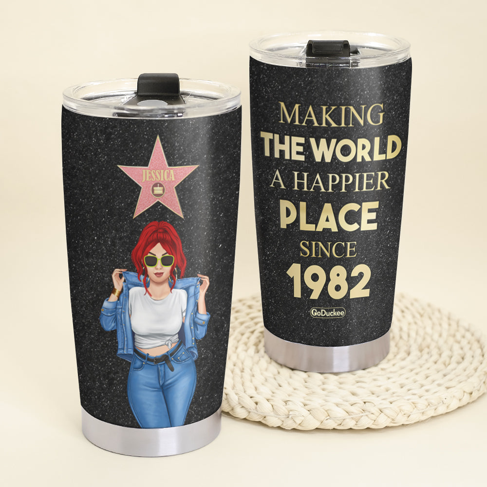 Personalized Afro Women Birthday Tumbler - Making The World A Happier Place - Cool & Badass Woman - Tumbler Cup - GoDuckee