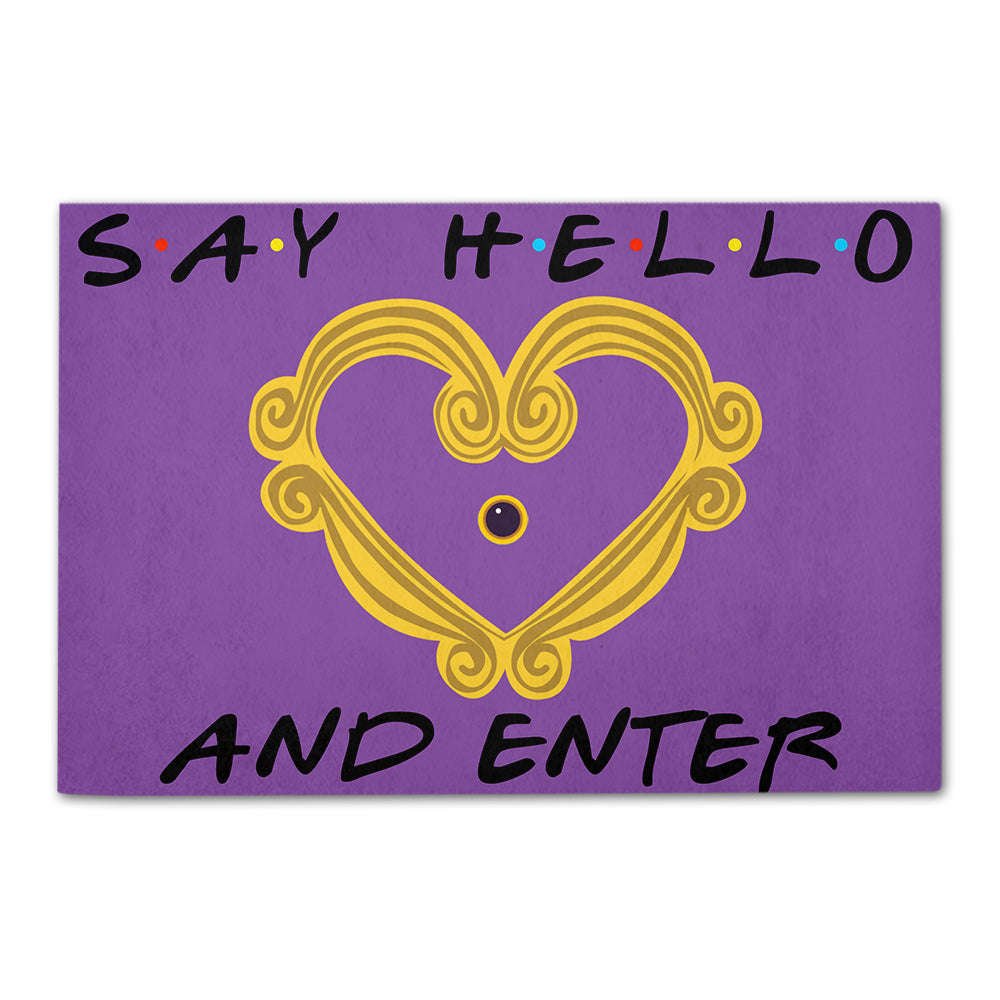 Purple Friends Welcome Mat - Say Hello & Enter - Peephole Frame - Doormat - GoDuckee