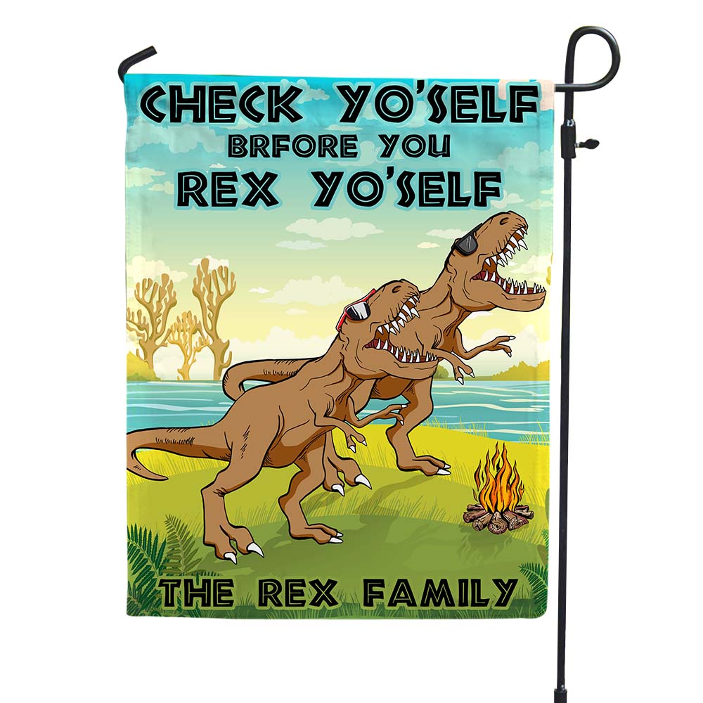 Personalized Gift For Dinosaur Family, Check yourself before you rex yourself Custom Camping Flag - Flag - GoDuckee