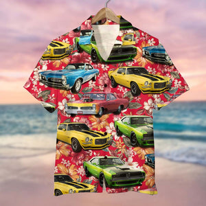 Classic Car Personalized Red Flower Pattern Hawaiian Shirt With Upload Images - Hawaiian Shirts - GoDuckee