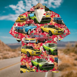 Classic Car Personalized Red Flower Pattern Hawaiian Shirt With Upload Images - Hawaiian Shirts - GoDuckee