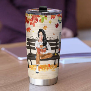 Girl Reading Under Fall Leaves, Personalized Book Girl Tumbler - Custom Book Titles - Tumbler Cup - GoDuckee