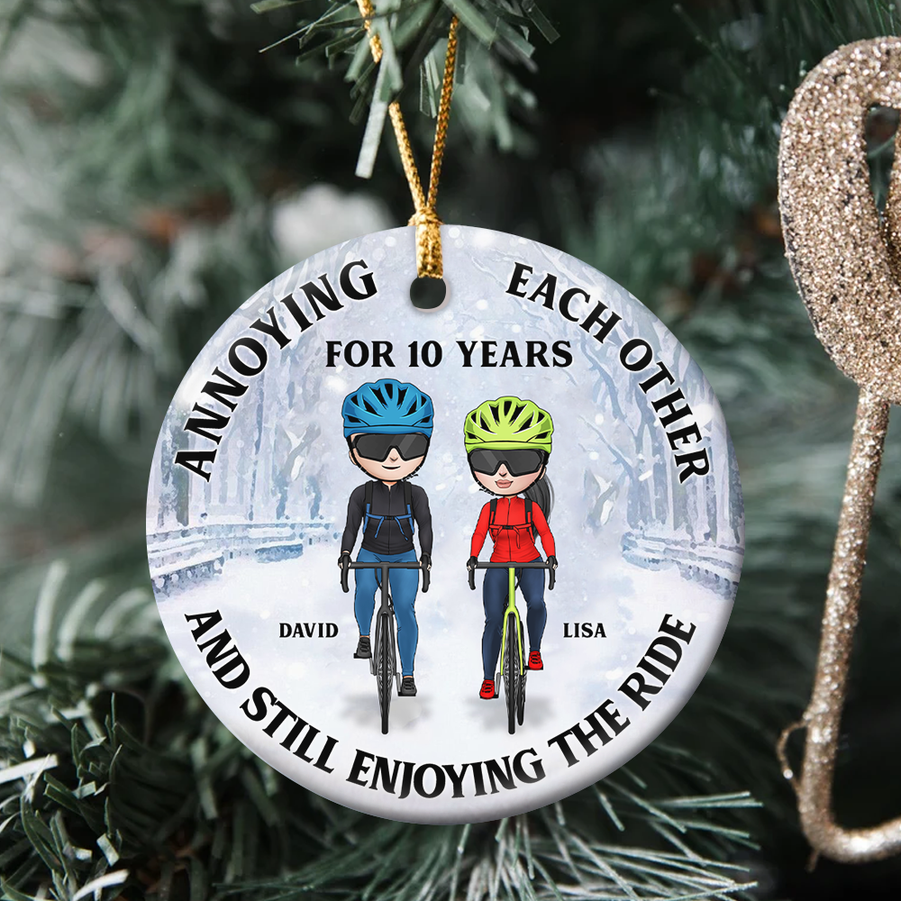 Cycling Couple Annoying Each Other For [Custom] Years And Still Enjoying The Ride Personalized Round Ceramic Ornament - Ornament - GoDuckee