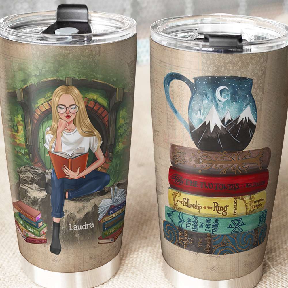 J. R. R. Tolkien Tumbler - Personalized A Sitting Girl Reads Book - Tumbler Cup - GoDuckee
