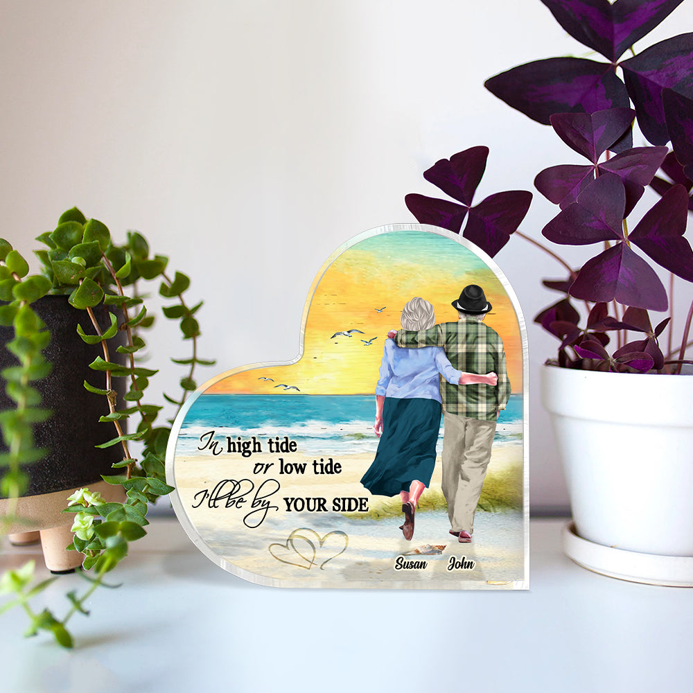 In High Tide or Low Tide I'll Always Be by Your Side, Personalized Old Couple Heart Shaped Acrylic - Decorative Plaques - GoDuckee