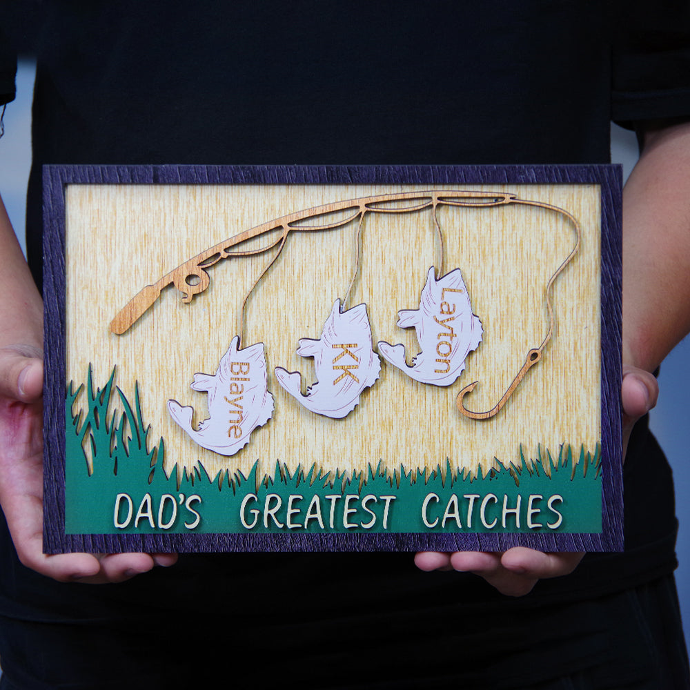 Fishing Dad's Greatest Catches, Personalized Layered Wood Sign Stand, Gifts for Dads - Wood Sign - GoDuckee