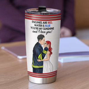 Personalized Firefighter Couple Tumbler - To My Wife You're My Sunshine - Couple Hugging And Kissing Side View - Tumbler Cup - GoDuckee