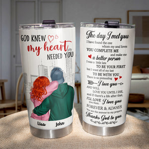 Personalized Hoodie Couple Tumbler - God Knew My Heart Needed You, Couple Hugging Back View - Tumbler Cup - GoDuckee