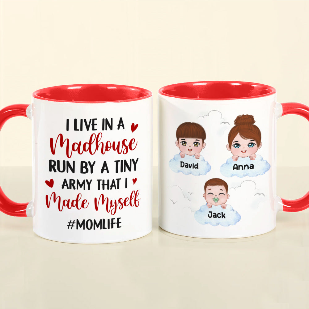 I Live In A Madhouse Run By A Tiny Army, Personalized Mug, Gift For Mom, Mother's Day Gift, Little Kids With Clouds - Coffee Mug - GoDuckee