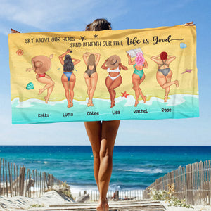 Sky Above Our Heads Sand Beneath Our Feet - Personalized Beach Towel - Gifts For Big Sister, Sistas, Girls Trip - Sunbathing Girls - Beach Towel - GoDuckee
