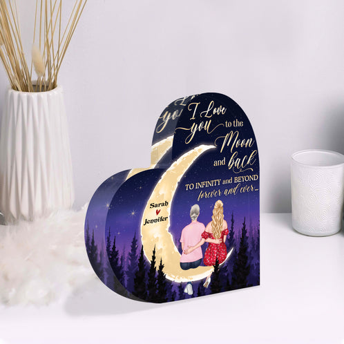 I Love You To The Moon And Back, Gift For Mom, Personalized Acrylic Heart Shaped Plaque, Mother And Daughter Sitting Acrylic Plaque, Mother's Day Gift - Decorative Plaques - GoDuckee