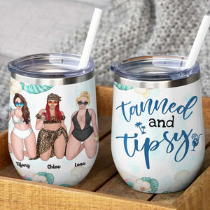 Personalized Bikini Girls Trip Wine Tumbler - Tanned And Tipsy - Leopard Pattern - Wine Tumbler - GoDuckee